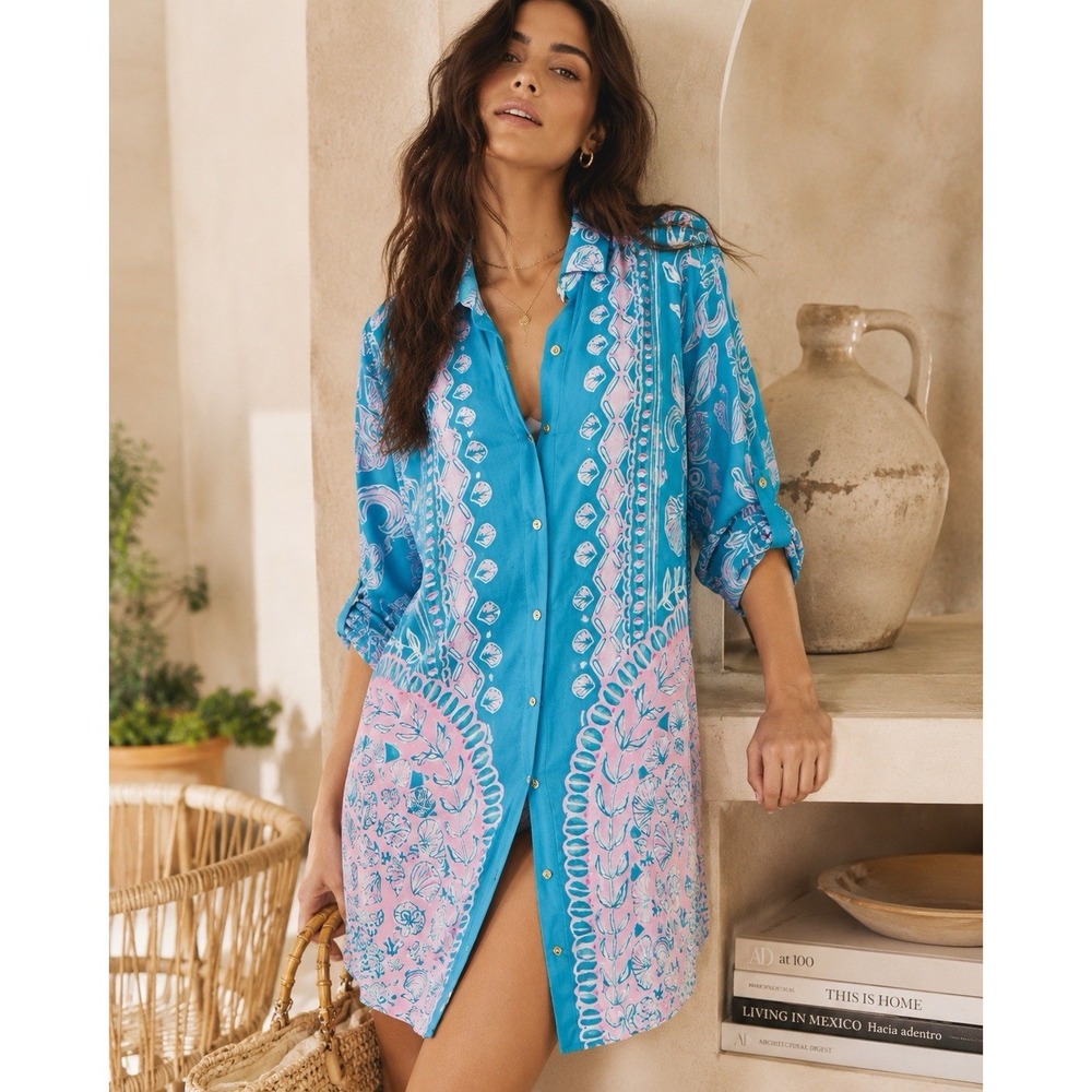 Lilly Pulitzer Natalie Coverup XS Turquoise Pink Shell Print Rayon Tunic $138